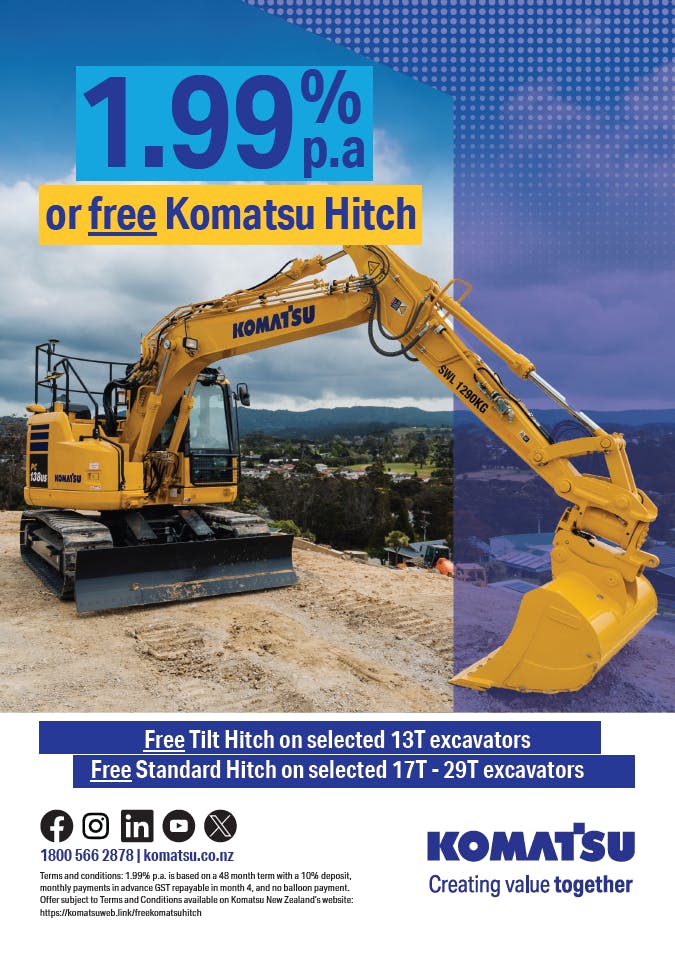 Promotional flyer showing a yellow earthmoving machine
